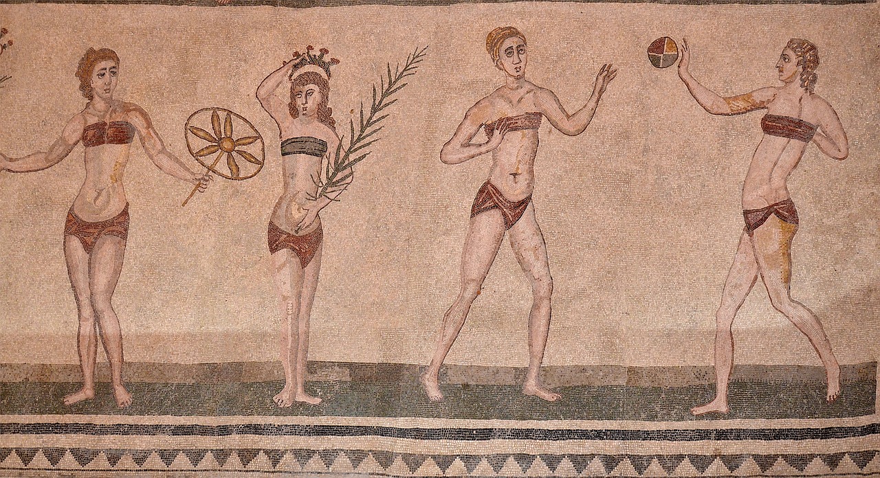 Villa Romana, Szicília, sportolónők, bikinis lányok mozaikja